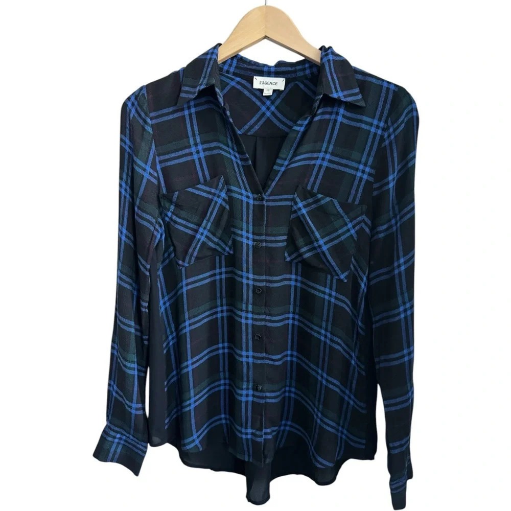 L'AGENCE Black and Blue Plaid Button-Down Shirt - Picture 5 of 5